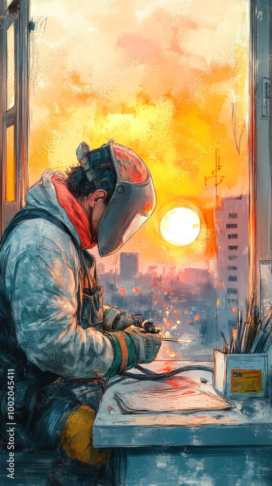 A man in a welding mask works at a table with a cityscape and a setting sun in the background. A man in a welding mask works at a table with a cityscape and a setting sun in the background.