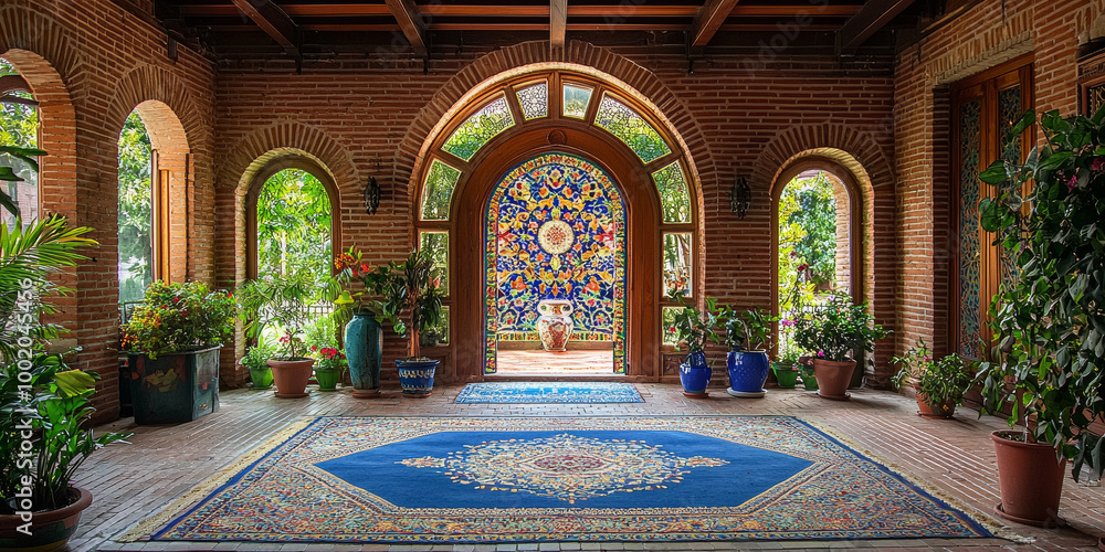 Obraz premium An arched wall with a Persian floral tile mosaic in the center, generative AI