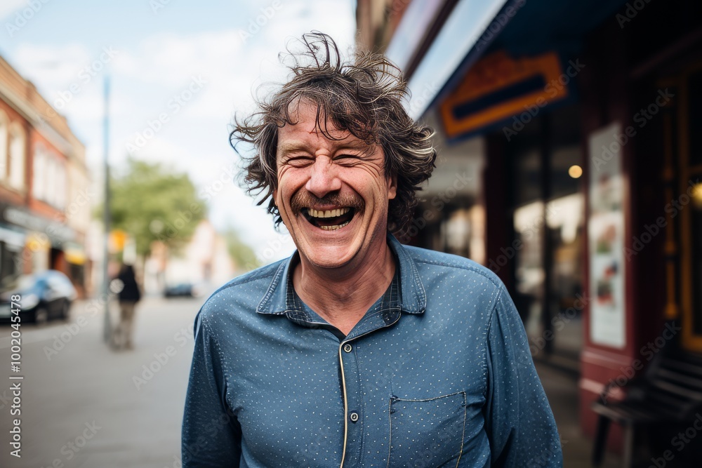 Portrait of a middle-aged man laughing on the street. Portrait of a middle-aged man laughing on the street.