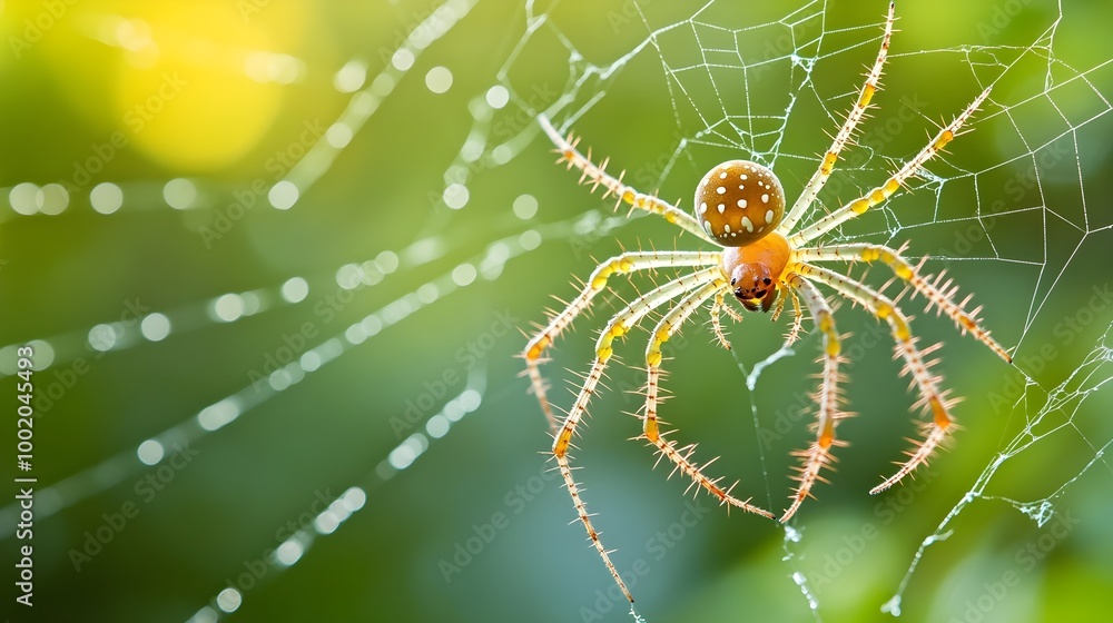 a close-up of a spider on its web. The spider is positioned in the center of the web, which is intricately woven and glistening with dew or moisture. The spider has a brown body with a pattern on its a close-up of a spider on its web. The spider is positioned in the center of the web, which is intricately woven and glistening with dew or moisture. The spider has a brown body with a pattern on its