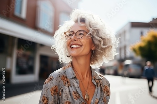 summer holidays, vacation and people concept - smiling woman in eyeglasses over city street background