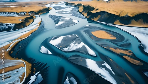 Aerial perspective of the stunning braided river Markarfljot flowing through the breathtaking landscapes of Iceland photo