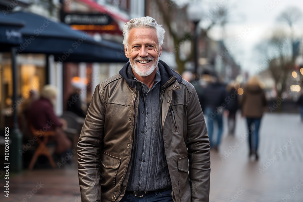 Portrait of a senior man with grey hair and beard wearing a leather jacket in a city street. Portrait of a senior man with grey hair and beard wearing a leather jacket in a city street.