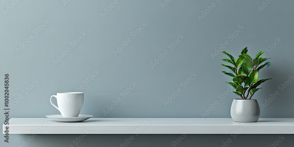 Minimalist Shelf with Green Plant and White Cup Minimalist Shelf with Green Plant and White Cup