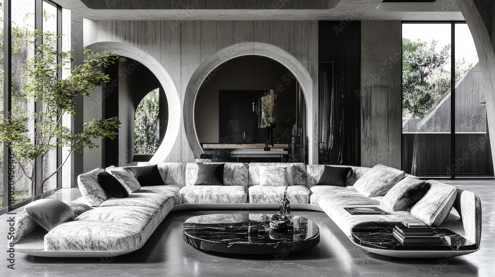 Fototapeta premium Modern living room with a curved sofa and a round coffee table.