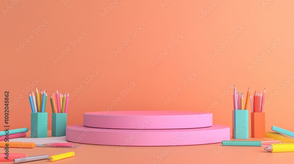 The podium is surrounded by scattered school supplies, creating an inviting educational atmosphere The podium is surrounded by scattered school supplies, creating an inviting educational atmosphere