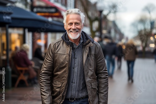 Portrait of a senior man with grey hair and beard wearing a leather jacket in a city street.