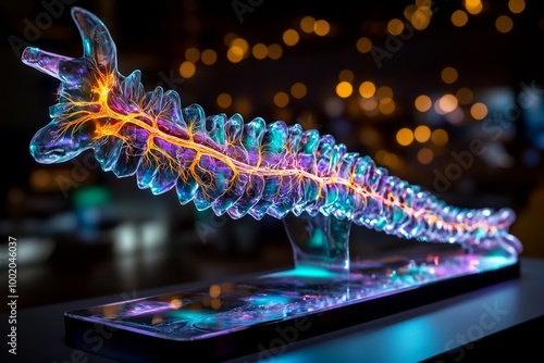 Fototapeta Naklejka Na Ścianę i Meble -  3D cross-section of the spinal cord, showing detailed modeling of the vertebrae, nerve roots, and spinal cord structures in a dynamic digital environment