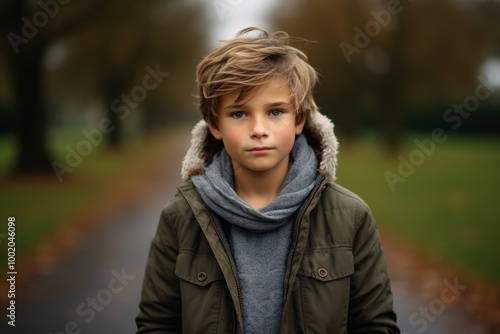 Portrait of a cute little boy in a warm jacket and scarf outdoors