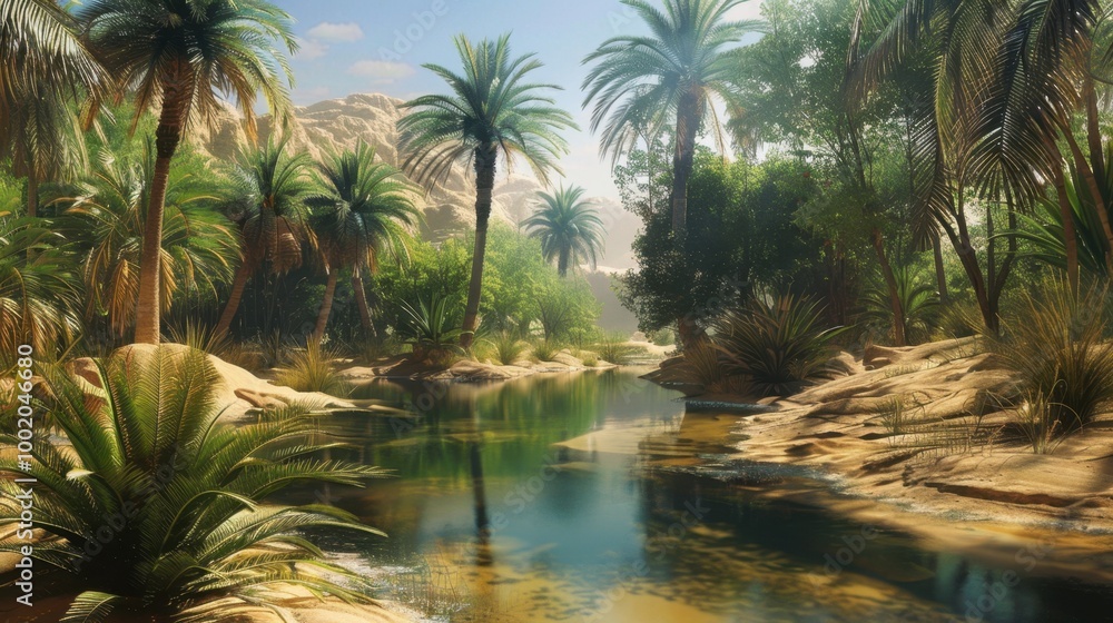 Serene Oasis with Lush Greenery and Calm Waters Serene Oasis with Lush Greenery and Calm Waters