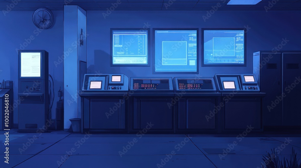 A futuristic control room with multiple computer screens displaying data and a row of control panels A futuristic control room with multiple computer screens displaying data and a row of control panels