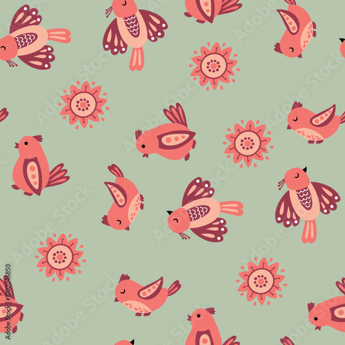 Seamless pattern with fabulous birds and flowers. Design for fabric, textiles, wallpaper, packaging	