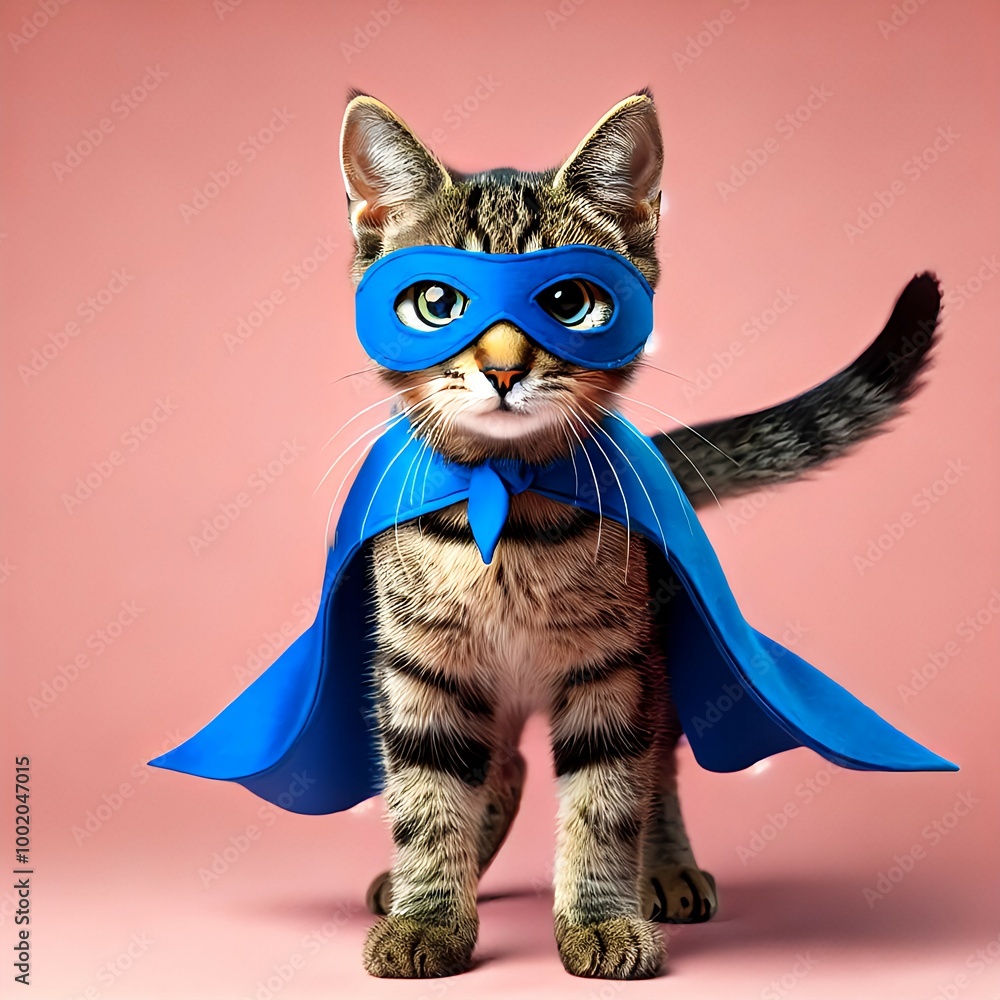 A playful and heroic image of a cat dressed in a Superman costume, striking a confident pose. The cat's cape flows dramatically behind it, giving the impression that it's ready to leap into action. It A playful and heroic image of a cat dressed in a Superman costume, striking a confident pose. The cat's cape flows dramatically behind it, giving the impression that it's ready to leap into action. It