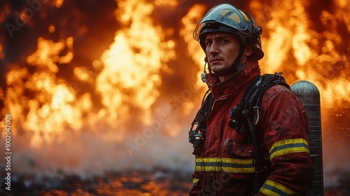 Brave firefighter standing confidently in front of raging flames during a nighttime emergency response operation photo