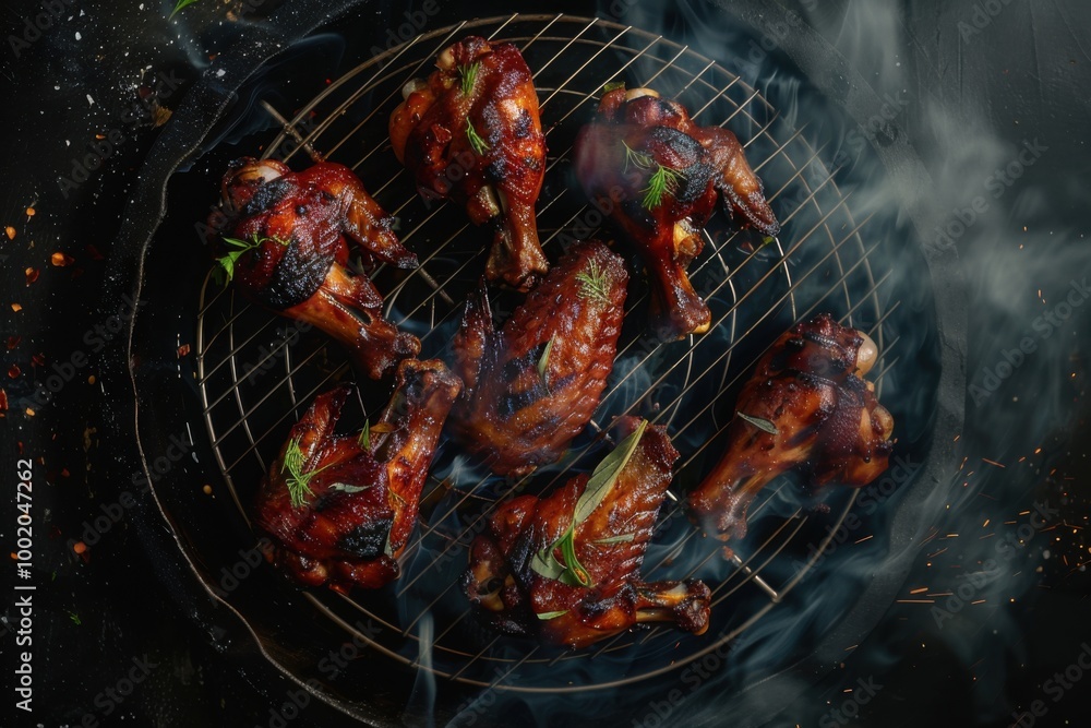 Smoky chargrilled chicken wings and drumsticks sizzling on barbecue grill
Smoky chargrilled chicken wings and drumsticks sizzling on barbecue grill