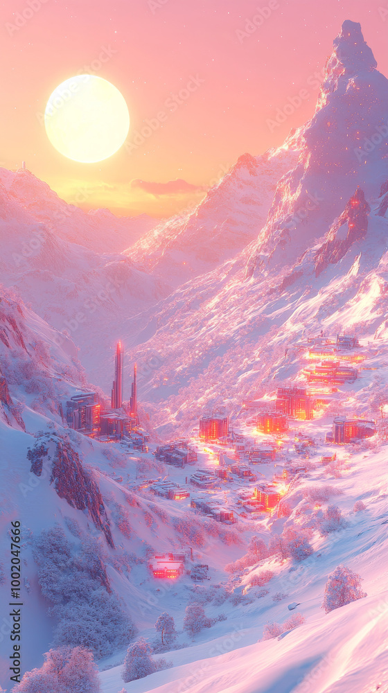 Obraz premium A snowy mountain valley with a glowing town at sunset.