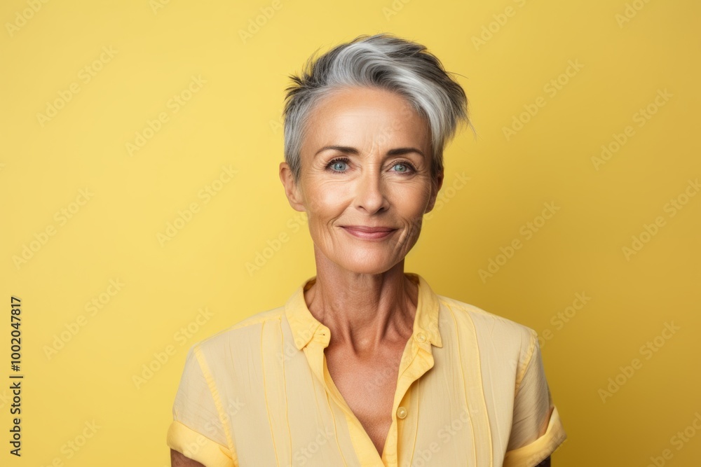 Portrait of senior woman with grey hair looking at camera on yellow background Portrait of senior woman with grey hair looking at camera on yellow background