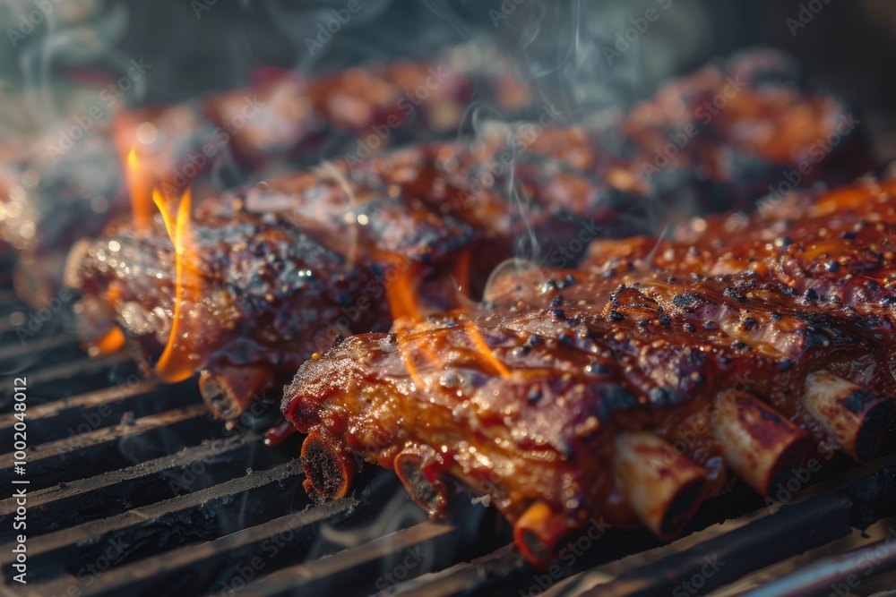 Smoky grilled BBQ ribs sizzling over open flames for a perfect smoky barbecue feast
Smoky grilled BBQ ribs sizzling over open flames for a perfect smoky barbecue feast