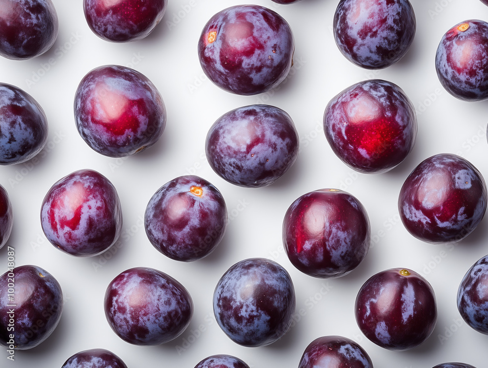 Fresh Juicy Plums with Powdery Skin Patterned on White Background - High-Resolution Food Texture Image Fresh Juicy Plums with Powdery Skin Patterned on White Background - High-Resolution Food Texture Image