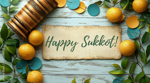 Festive card with fresh lemons for Sukkot, created with Generative AI technology. photo