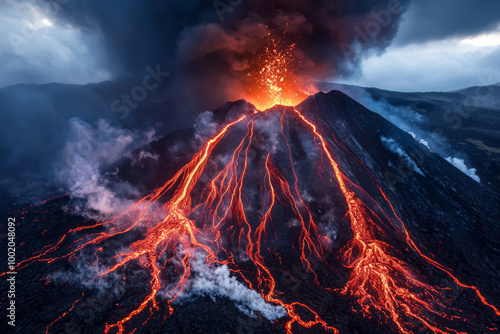 A dramatic volcanic eruption with flowing lava and ash clouds, showcasing the raw power of nature.