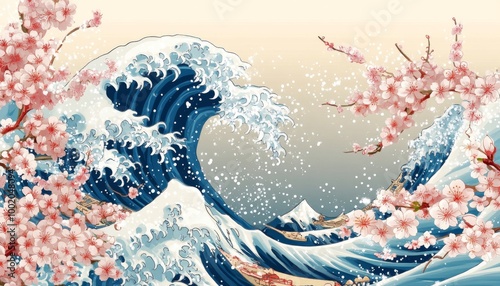 Cherry blossom and waves background. Japanese floral art background. Oriental landscape background. Traditional Japanese watercolor painting of a serene landscape.