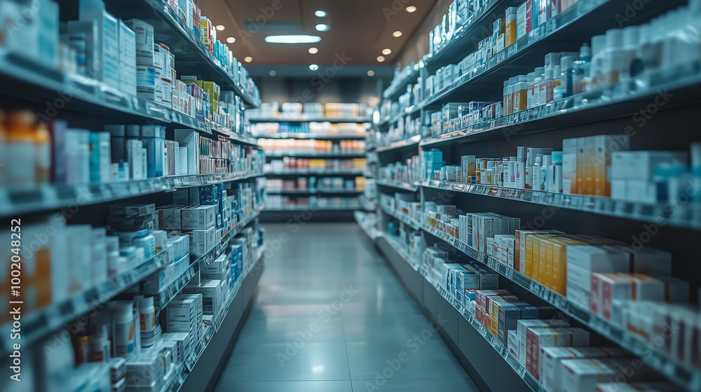 Pharmacy aisle with shelves of medicine and health products in focus with a blurred background in a modern store setting Pharmacy aisle with shelves of medicine and health products in focus with a blurred background in a modern store setting