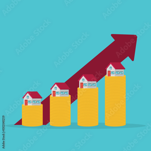 Arrows rise up above the house. The concept of growth in demand for real estate. Increase in the value of property	