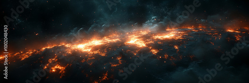 A fiery, celestial landscape in the vastness of space.