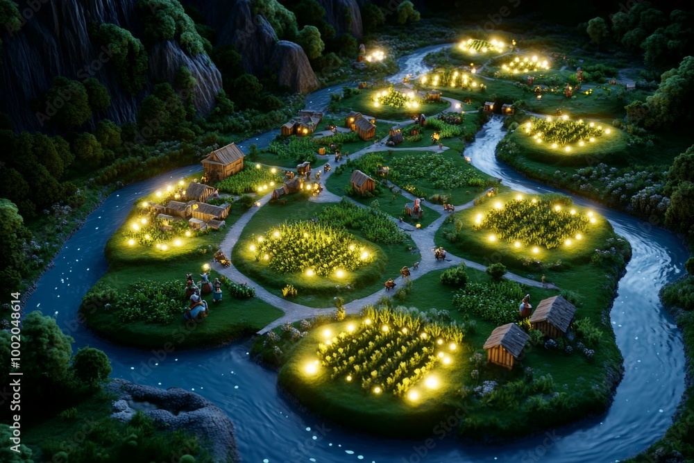 A fantasy rural landscape with floating farms and glowing rivers, where villagers ride magical creatures and harvest enchanted crops A fantasy rural landscape with floating farms and glowing rivers, where villagers ride magical creatures and harvest enchanted crops
