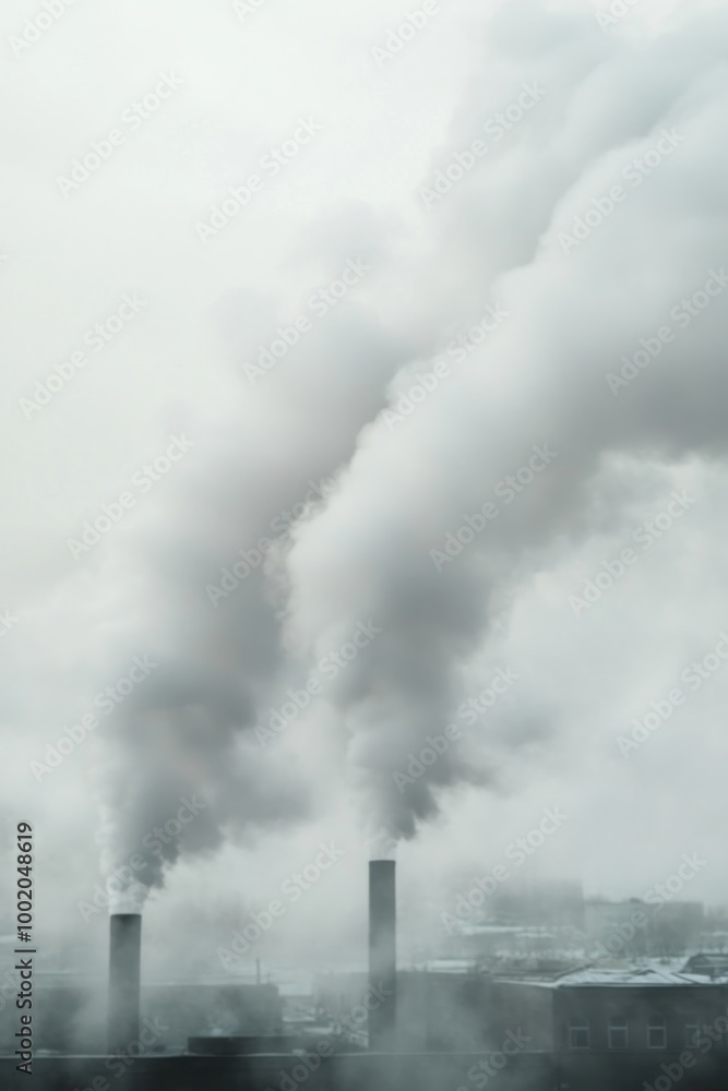 Smoke billowing from industrial chimneys in a foggy atmosphere. Smoke billowing from industrial chimneys in a foggy atmosphere.