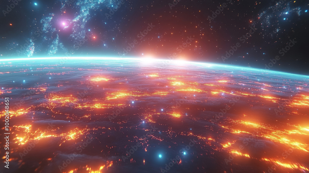 A vibrant view of a planet from space with a blue atmosphere and glowing orange cities.