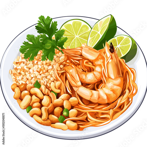 Vector Illustration of Pad Thai with Shrimp, Peanuts, and Lime