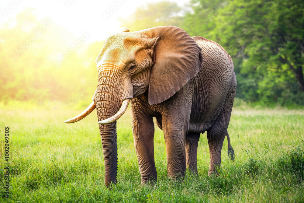 Fototapeta premium A majestic elephant stands gracefully in a sunlit meadow, showcasing the beauty of wildlife in its natural habitat.