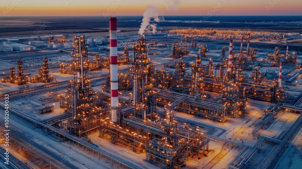Aerial view of an industrial complex with illuminated structures and smokestacks at dusk. Aerial view of an industrial complex with illuminated structures and smokestacks at dusk.
