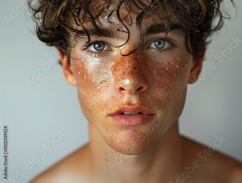 Close Up Portrait of a Young Man with Water Droplets on His Face