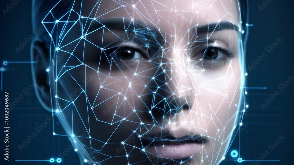 Woman face is being scanned by a facial recognition system, creating a futuristic concept about artificial intelligence, biometric authentication, and data security