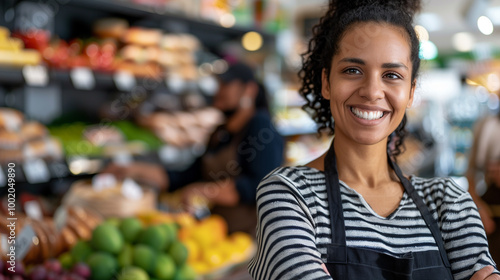 A happy female business owner smiles at the camera alongside her staff, working together at a local supermarket, showcasing teamwork and a positive business environment.