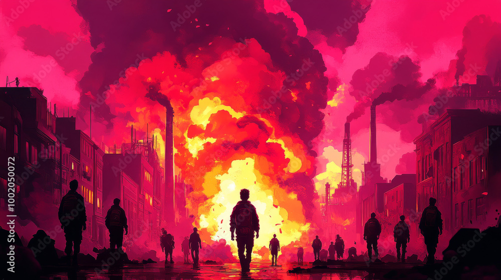 Silhouettes of people walking away from a large fire in a city. Silhouettes of people walking away from a large fire in a city.