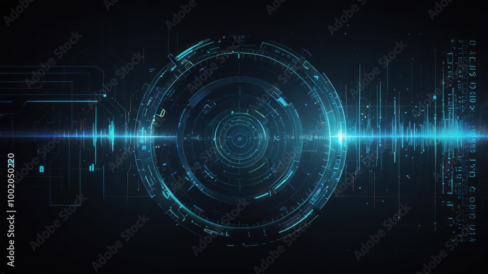 Naklejka premium Abstract digital interface with glowing blue circles and lines on a dark background.