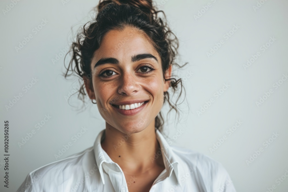 Portrait of a smiling young woman with long curly hair in a white shirt Portrait of a smiling young woman with long curly hair in a white shirt