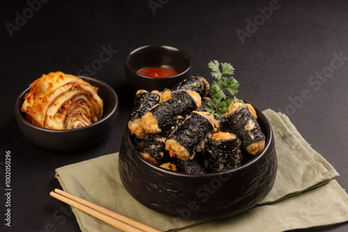 Ayam Gulung Nori or Chicken Nori Roll Gimmari or Kimmari is Korean Snack Made from Minced Chicken with Seaweed Wrap. photo