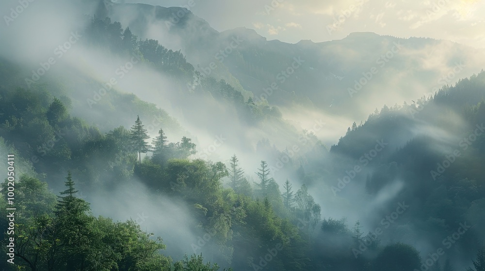 Obraz premium Serene Misty Forest Landscape at Dawn