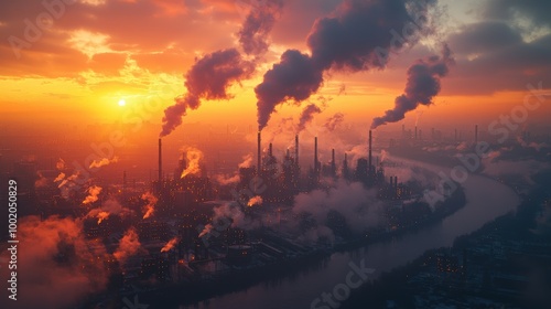 Industrial skyline at sunset with factory smokestacks releasing pollutants over a river