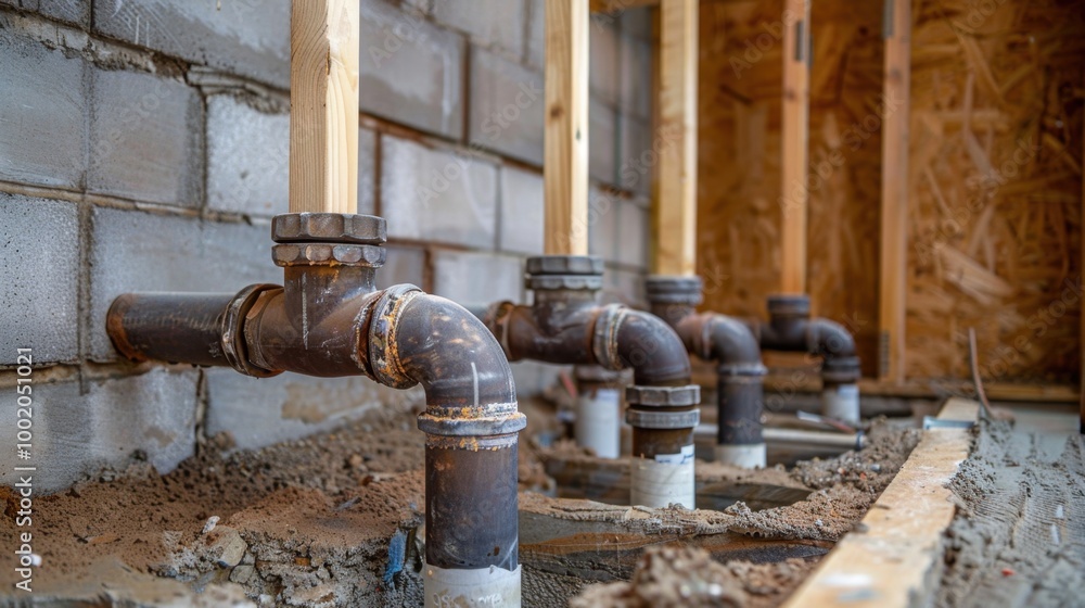 Construction Site with Exposed Metal Pipes and Foundation Construction Site with Exposed Metal Pipes and Foundation