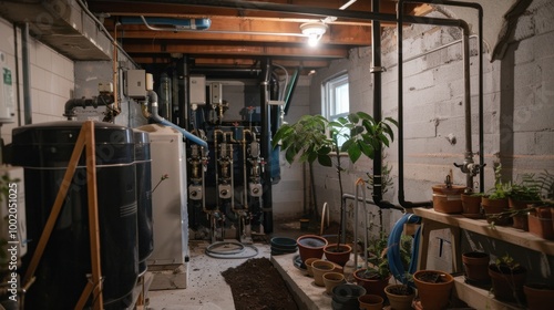 Basement Utility Space with Plumbing and Plants