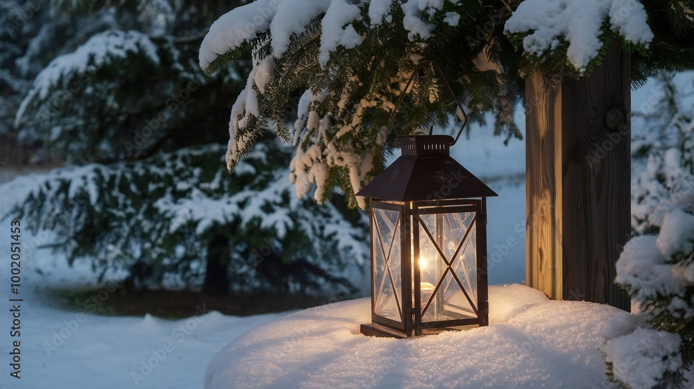 Christmas lantern on snow with fir branch in evening scene Christmas lantern on snow with fir branch in evening scene