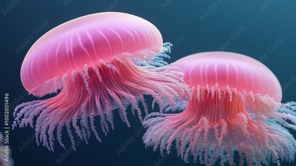 A pair of ethereal pink jellyfish gracefully swim through the deep blue ocean, showcasing their delicate tentacles and luminous beauty. A pair of ethereal pink jellyfish gracefully swim through the deep blue ocean, showcasing their delicate tentacles and luminous beauty.
