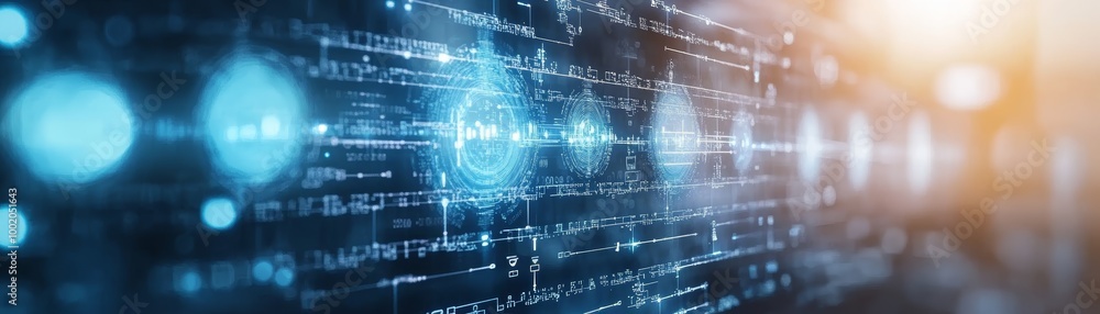 Abstract technology background featuring glowing data lines and binary codes in blue tones, representing digital innovation and connectivity. Abstract technology background featuring glowing data lines and binary codes in blue tones, representing digital innovation and connectivity.