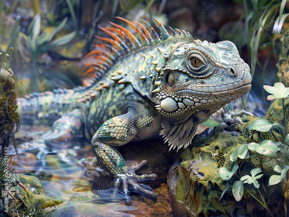 Green Iguana in Lush Rainforest - Close Up Portrait Green Iguana in Lush Rainforest - Close Up Portrait